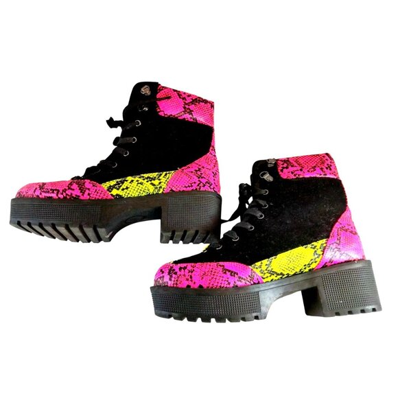 Vivianly Women's Pink & Yellow Snake Print Platform Boots W/Black Velvet Accents - Picture 11 of 11